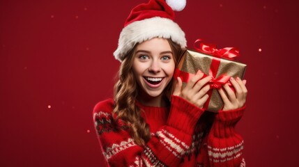 Wall Mural - happy young cheerful girl laughs and jumps in christmas hat and with gift on red background.