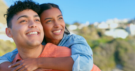 Poster - Couple, face and smile on piggyback outdoor for love, commitment and support in nature or date. People, man and woman on back with happiness, care and romance on holiday or vacation for relationship