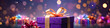 Presents and gifts wrapped in colorful paper and ribbon. Colorful new year background with bokeh. New Year Christmas holiday celebrating. Copy space. Generative AI.