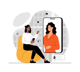 Virtual event. Online conference, friends meeting, video call. Communication through the Internet. Illustration with people scene in flat design for website and mobile development.