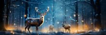 Reindeers In Winter Panoramic With Snow Covered Fir Branches, Christmas Forest Snowy Background, Generative Ai