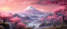 Asian Heritage Digital Artwork Depicting A Breathtaking Mountain Panorama Featuring Waterfalls And Cherry Blossoms At Dawn