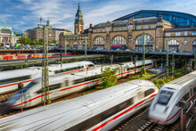 Hamburg, Germany. The Main Railway Station (German: Hauptbahnhof) With Trains Arriving And Departing.