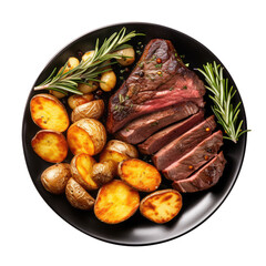 Wall Mural - a black plate topped with a grilled and sliced beef or chicken or pork steak and roasted and mashed potatoes. isolated on a white or transparent background .top view.	
