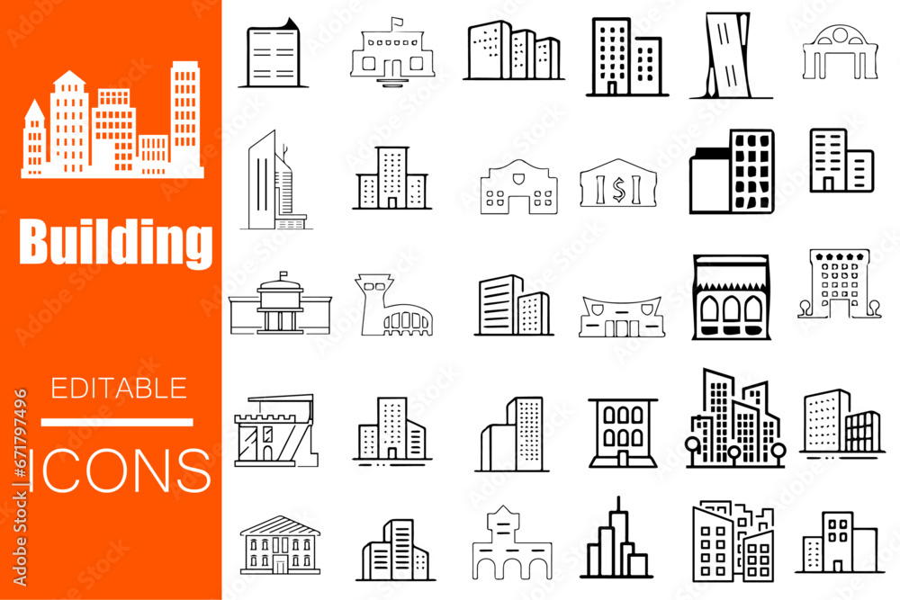 Building Line Editable Icons set. Simple minimal Line Vector ...
