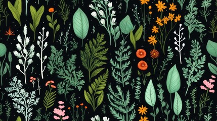 Naklejka na meble  a black background with a bunch of plants and flowers in the center of the image is a black background with a bunch of plants and flowers in the center of the.  generative ai