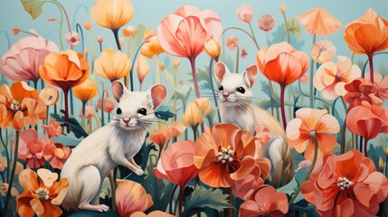 Canvas Print -  a painting of two white mice in a field of red and orange flowers with blue sky in the back ground.  generative ai