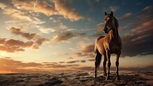  A Brown Horse Standing On Top Of A Sandy Beach Under A Cloudy Blue And Orange Sky With A Sunset In The Background.  Generative Ai