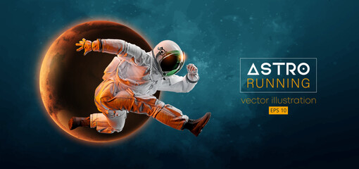 abstract silhouette of a running athlete astronaut in space action and earth, mars, planets on the b