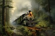 Clipart of a classic steam locomotive in watercolor for background use. Wallpaper background with a printable oil painting texture.