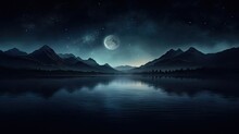  a night scene of a mountain lake with a full moon in the sky and a full moon in the sky.  generative ai