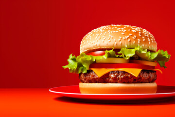 Wall Mural - Satisfy Your Fast Food Fever: Classic Cheeseburger with Crisp Lettuce and Juicy Tomato, a Timeless American Favorite. Red Background. Copy Space.