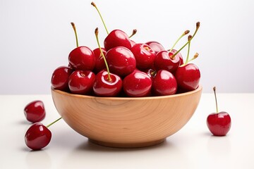 Wall Mural - A Rustic Wooden Bowl Overflowing With Fresh, Juicy Cherries Created With Generative AI Technology