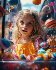 Poster - A little girl in a candy shop looking at the camera. Generative AI.