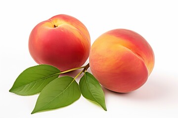 Wall Mural - Two Luscious Peaches with Green Leaves on a Clean, White Background Created With Generative AI Technology