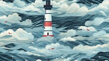 A Painting Of A Red And White Lighthouse In The Middle Of A Large Body Of Water With Waves Around It.  Generative Ai