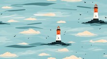  A Painting Of Two Lighthouses In The Middle Of A Body Of Water With Birds Flying Around The Top Of Them.  Generative Ai