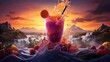  a glass of orange juice with strawberries and strawberries on a table with a waterfall and mountains in the background.  generative ai
