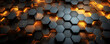 3D Abstract Digital Technology: Glowing Hexagonal Background in Luxurious Gold, Brown, Gray, and Black