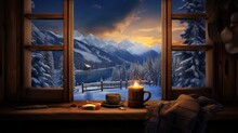  A Cup Of Coffee Sitting On A Window Sill With A View Of A Snowy Mountain And A Snowy Lake.  Generative Ai