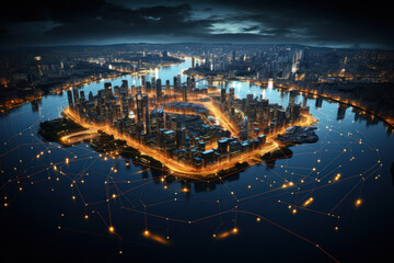 Wall Mural - a captivating aerial view of a city skyline at night, illuminated by a web of dazzling lights. gener