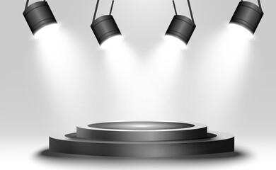 Wall Mural - podium, pedestal or platform, illuminated by spotlights in the background. vector illustration. brig