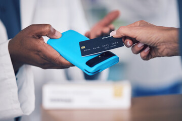 Poster - Pharmacist, hands and credit card on pos for payment, medication or buying healthcare product at pharmacy. Closeup of customer making purchase or transaction for pharmaceutical drugs or pills at shop