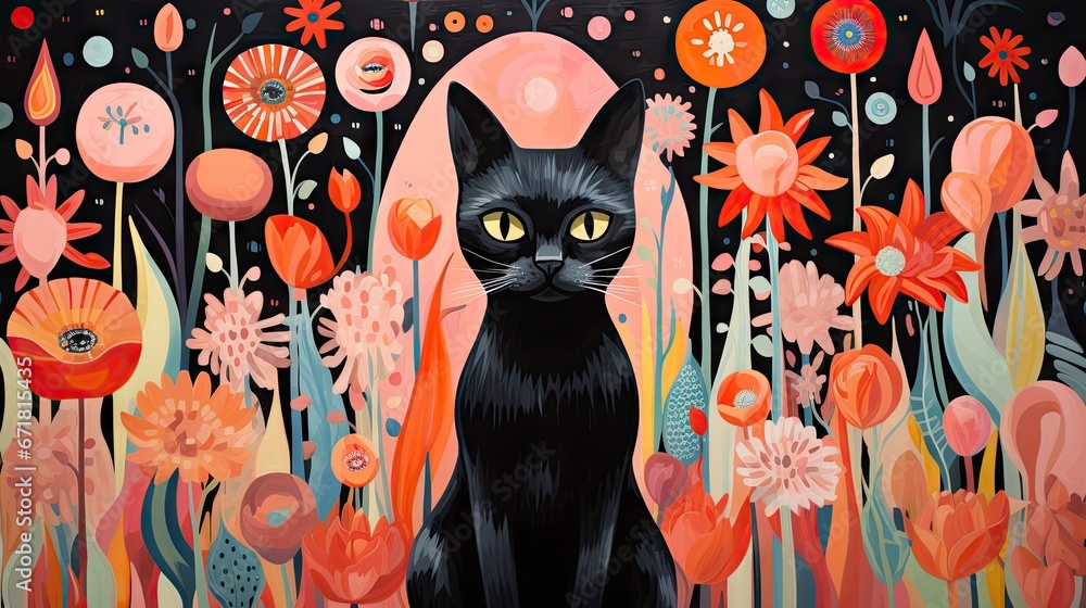 a painting of a black cat sitting in a field of red, orange, and pink ...