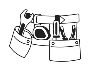 Wall Mural - Tools belt on waist black and white 2D cartoon object. Carpenter instruments organizer, handyman pouch isolated vector outline item. Diy repair. Tool storage monochromatic flat spot illustration