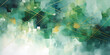 Dark green watercolor splashes mixed with golden geometrical lines, abstract background