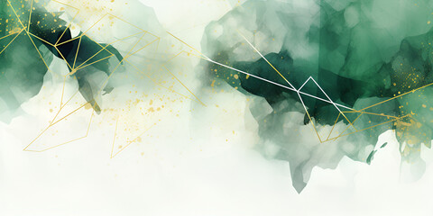 Dark green watercolor splashes mixed with golden geometrical lines, abstract background