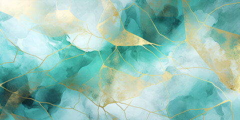 Turquoise watercolor splashes mixed with golden geometrical lines, abstract background