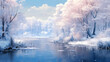 Winter landscape with frozen river and trees in hoarfrost. 3d render.