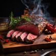 roast beef steak with rosemary and spices on a wooden board, copy space