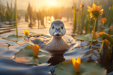 Cute Duckling Bathing In The River On Blurred Background Of Sunlight