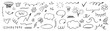Charcoal pen liner doodle elements, crown, emphasis arrow, speech bubble, scribble. Handdrawn cute cartoon pencil sketches of decorative icons. Vector illustration of cloud, highlight, explosion