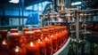 bottle of tomato juices in the industrial plant where they are processed