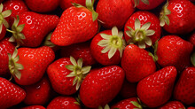 A Pile Of Red Strawberries, With Bright Green Stems. Strawberry Background. High Quality Illustration.