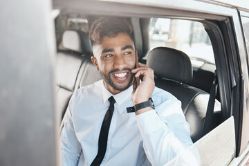Aufkleber - Thinking, happy and businessman on phone call in a car for travel communication and work. Smile, ideas and a young corporate employee in a taxi or transport while speaking on a mobile in the morning