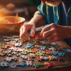 Sticker - An elderly man is putting together a puzzle, AI