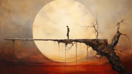 Canvas Print - A painting of a man standing on a bridge over a river, AI