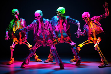 4 Human Skeleton dancers dance in neon colors at a show performance. Modern break dancing performed by fashionable and stylish skeletons. Disco.