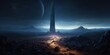 Vast desert landscape, with the remnants of an ancient city, a glowing alien obelisk stands prominently among the ruins