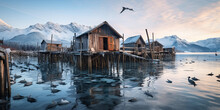 Alaskan Fishing Village, Wooden Huts On Stilts, Surrounded By Icy Water, Eagles Flying