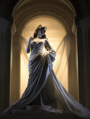 Wall Mural - Neo-classical marble sculpture, female figure, posed elegantly with flowing drapery, shot in a museum setting, ornate columns in the background