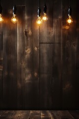 Canvas Print - Three light bulbs are hanging from a wooden wall. This image can be used to represent creativity, innovation, and bright ideas in various settings.