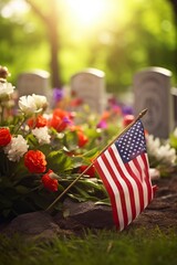 view of the american flag with flowers