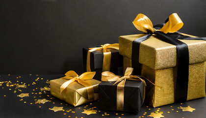 Elegant Black and Gold Gift Wrapping on Black Background for Black Friday