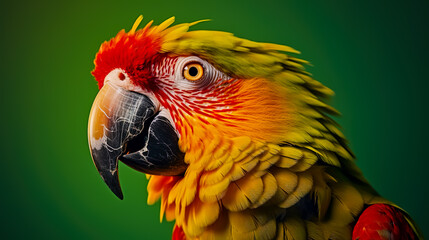 Wall Mural - Green parrot with red beak on orange background.