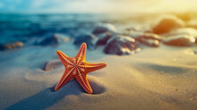 Small Figure Of Starfish In The Sand On The Background Of Beach And Sea.